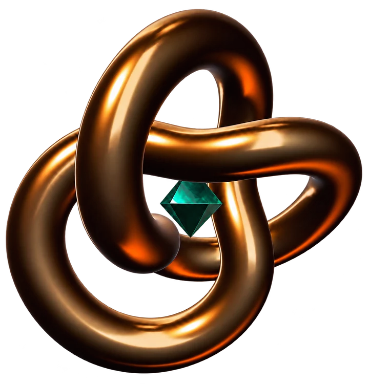 Connected copper loops surrounding an emerald diamond